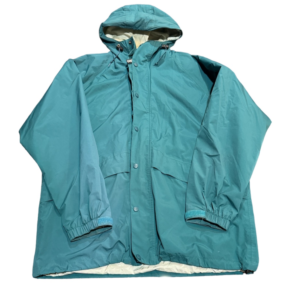 LL‎ Bean Stowaway Rain Jacket Mens Large Tall Teal Green Vintage Hooded Coat pb2